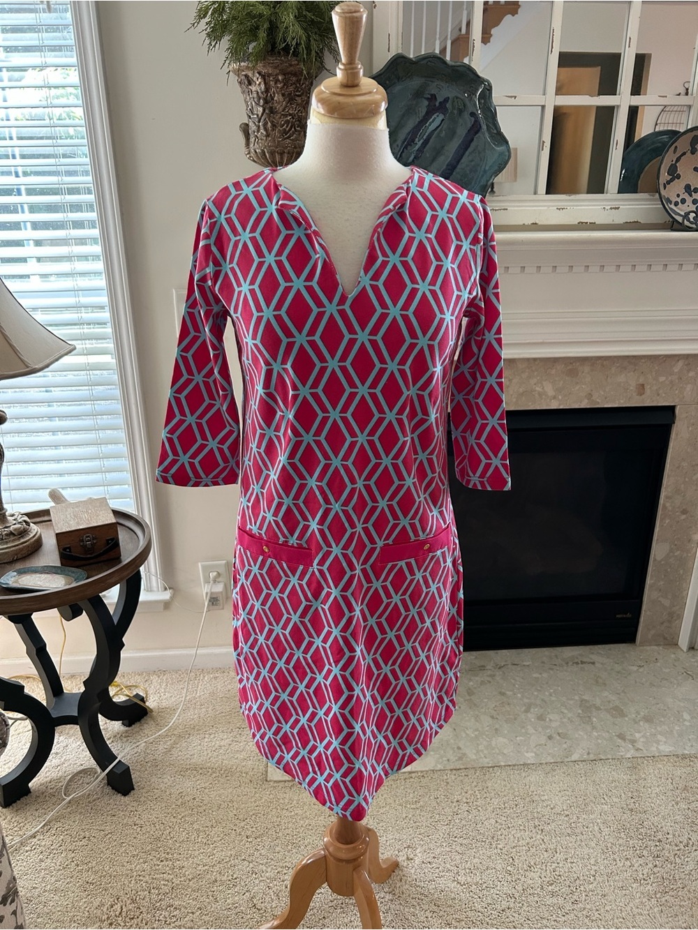 Vera Fishbaugh Pink & Aqua Geometric Shift Dress